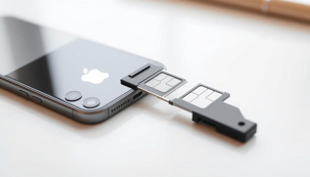 A close-up view of an Apple iPhone with the SIM card tray partially ejected, showing the SIM card insertion process. The foreground features the iPhone sleekly designed in a modern setting, with the SIM eject tool placed next to it. In the middle ground, focus on the SIM card tray with the card visibly inserted, highlighting details like the metal finish and the card’s microchip. The background should be a soft blurred gradient, emphasizing a clean and uncluttered workspace with natural soft lighting, creating a professional atmosphere. The image should evoke clarity and instruction, presenting a helpful visual guide for inserting a SIM card into an iPhone. No text or watermarks are included.