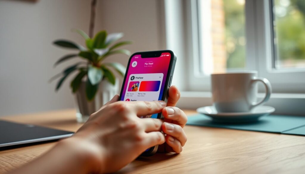A close-up view of an iPhone 11 displaying a vibrant screenshot of a social media app, positioned on a wooden desk. The phone is angled slightly to showcase its sleek design and screen clarity. In the foreground, a pair of hands gently hold the phone, reflecting a user engaged in sharing information. The background features a soft-focus workspace setting, with a plant and a coffee cup to evoke a cozy and productive atmosphere. Ambient natural light filters through a nearby window, illuminating the phone’s screen and enhancing the detailed colors of the app. The overall mood is inviting and professional, perfect for illustrating the value of taking screenshots on an iPhone 11. A close-up view of an iPhone 11 displaying a vibrant screenshot of a social media app, positioned on a wooden desk. The phone is angled slightly to showcase its sleek design and screen clarity. In the foreground, a pair of hands gently hold the phone, reflecting a user engaged in sharing information. The background features a soft-focus workspace setting, with a plant and a coffee cup to evoke a cozy and productive atmosphere. Ambient natural light filters through a nearby window, illuminating the phone’s screen and enhancing the detailed colors of the app. The overall mood is inviting and professional, perfect for illustrating the value of taking screenshots on an iPhone 11.