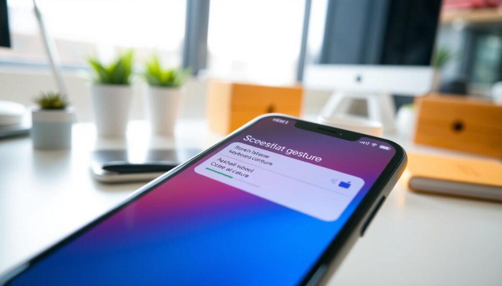 A close-up view of an iPhone 11 screen displaying the screenshot gesture settings, emphasizing the keyboard shortcuts for capturing a screenshot. In the foreground, there's a stylized smartphone with a glossy finish showing the settings interface brightly contrasted against a soft, blurred background of a well-lit modern workspace. The lighting should be bright and even, with natural light illuminating the phone's screen to showcase the colorful app interface. The phone is positioned at a slight angle, emphasizing its sleek design. The atmosphere is organized and tech-focused, creating a professional vibe perfect for illustrating a tutorial. A close-up view of an iPhone 11 screen displaying the screenshot gesture settings, emphasizing the keyboard shortcuts for capturing a screenshot. In the foreground, there's a stylized smartphone with a glossy finish showing the settings interface brightly contrasted against a soft, blurred background of a well-lit modern workspace. The lighting should be bright and even, with natural light illuminating the phone's screen to showcase the colorful app interface. The phone is positioned at a slight angle, emphasizing its sleek design. The atmosphere is organized and tech-focused, creating a professional vibe perfect for illustrating a tutorial.