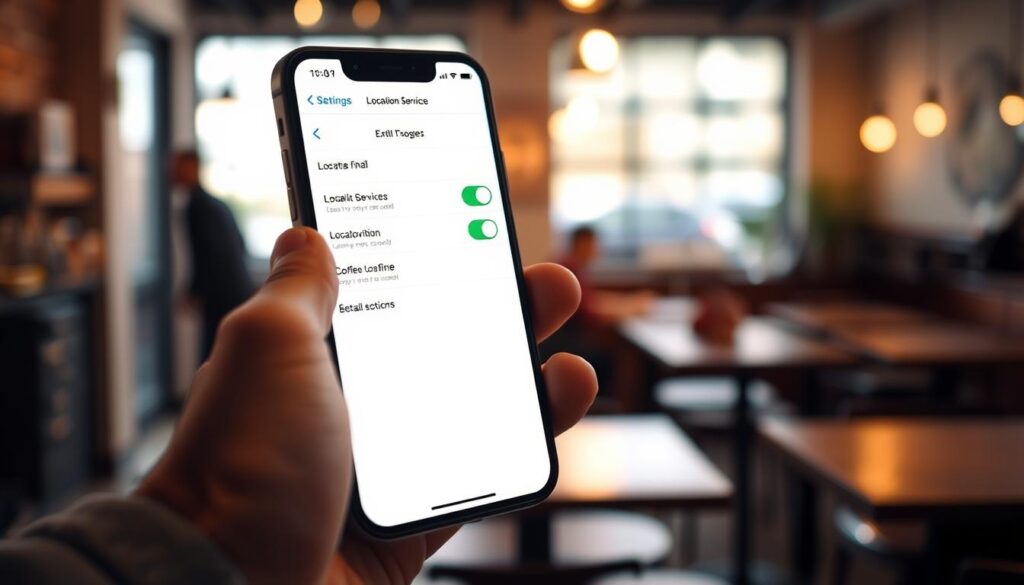 A close-up view of an iPhone displaying the "Location Services" settings screen, highlighting the toggle switch for enabling location. In the foreground, the phone is held by a hand in a casual, professional outfit. The middle ground features a softly blurred coffee shop setting, with warm, inviting lighting that suggests a productive atmosphere. In the background, out-of-focus elements like wooden tables and hints of greenery create a relaxed yet focused environment. The image captures a sense of clarity and purpose, with smooth lighting that enhances the modern technology of the iPhone, all while maintaining a clean and professional aesthetic. A close-up view of an iPhone displaying the "Location Services" settings screen, highlighting the toggle switch for enabling location. In the foreground, the phone is held by a hand in a casual, professional outfit. The middle ground features a softly blurred coffee shop setting, with warm, inviting lighting that suggests a productive atmosphere. In the background, out-of-focus elements like wooden tables and hints of greenery create a relaxed yet focused environment. The image captures a sense of clarity and purpose, with smooth lighting that enhances the modern technology of the iPhone, all while maintaining a clean and professional aesthetic.