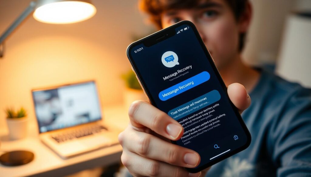 A close-up view of an iPhone displaying the Messenger app interface with a focus on the message recovery feature. The phone, held by a casually dressed young adult with a thoughtful expression, is positioned in the center of the frame. In the background, a softly blurred home office setting features a desk with a laptop, warm ambient lighting creating a cozy atmosphere. The scene is captured using a shallow depth of field to emphasize the phone, while a slight overhead angle reveals the phone’s screen clearly. The overall mood conveys curiosity and determination, inviting viewers to explore the process of recovering deleted messages. A close-up view of an iPhone displaying the Messenger app interface with a focus on the message recovery feature. The phone, held by a casually dressed young adult with a thoughtful expression, is positioned in the center of the frame. In the background, a softly blurred home office setting features a desk with a laptop, warm ambient lighting creating a cozy atmosphere. The scene is captured using a shallow depth of field to emphasize the phone, while a slight overhead angle reveals the phone’s screen clearly. The overall mood conveys curiosity and determination, inviting viewers to explore the process of recovering deleted messages.