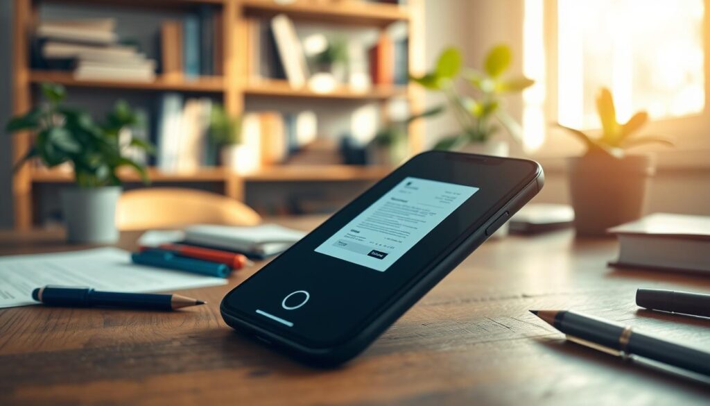 A close-up view of an iPhone displaying the built-in document scanning feature, set against a wooden desk with scattered office supplies like pens and paper. The phone screen should show a clear, well-lit representation of a document being scanned, with a soft glow highlighting the screen's display. In the background, blurred shelves filled with books and plants create a cozy office atmosphere. Natural light streams in from a nearby window, casting gentle shadows, emphasizing the focus on the phone. The mood is professional and organized, reflecting a tidy workspace perfect for productivity. Avoid distractions and ensure the image conveys the ease of scanning documents with an iPhone.
