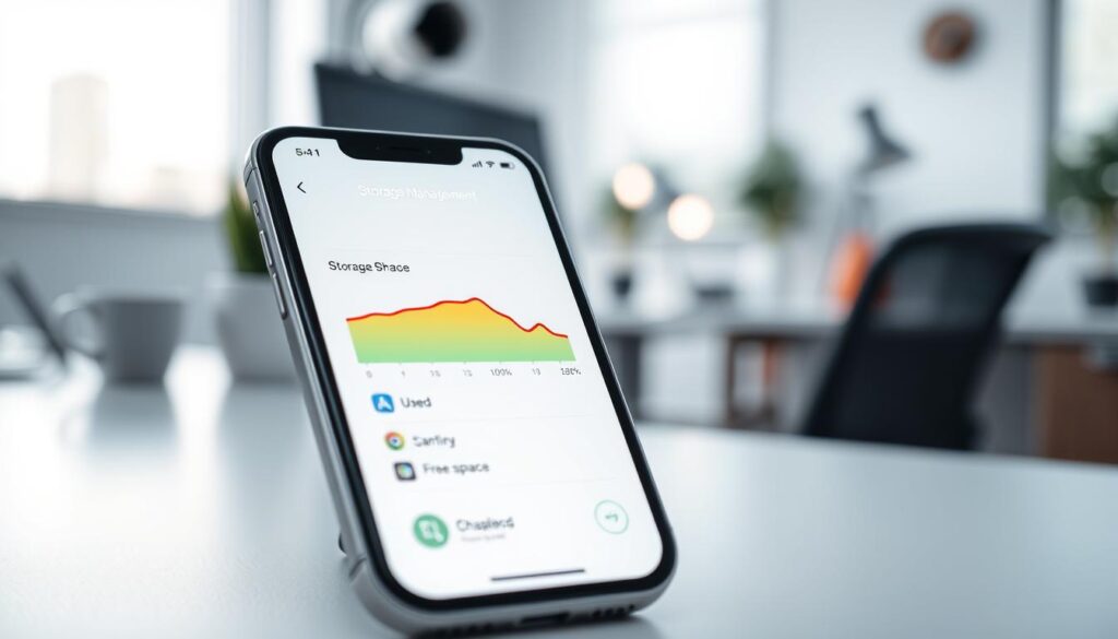 A close-up view of an iPhone displaying the storage management screen, showcasing a colorful graph indicating used and free space on the device. The iPhone is centered in the foreground, featuring a sleek design with soft curves and a metallic finish. In the middle ground, a blurred office environment reveals a modern workspace with a tidy desk and soft ambient lighting. The background includes a subtle hint of a computer monitor and indoor plants, creating a calm and organized atmosphere. The lighting is bright yet soft, casting gentle shadows to enhance the device's shape, while a slight tilt gives depth to the composition, emphasizing the importance of managing digital space efficiently. The overall mood is focused and professional, inviting the viewer to engage with the subject matter.