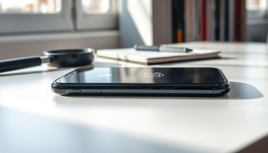 A close-up view of an iPhone lying on a clean, minimalist desk. The main focus is on the iPhone’s screen, which displays the serial number prominently. Surrounding the phone are professional tools like a magnifying glass and a notebook, suggesting a meticulous examination process. Soft, natural light from a nearby window casts gentle shadows, creating a calm, focused atmosphere. The background features a blurred bookshelf filled with tech-related books, enhancing the professional setting. The image is taken with a macro lens to highlight the details of the phone and the serial number clearly, emphasizing the importance of identifying the model through this number.
