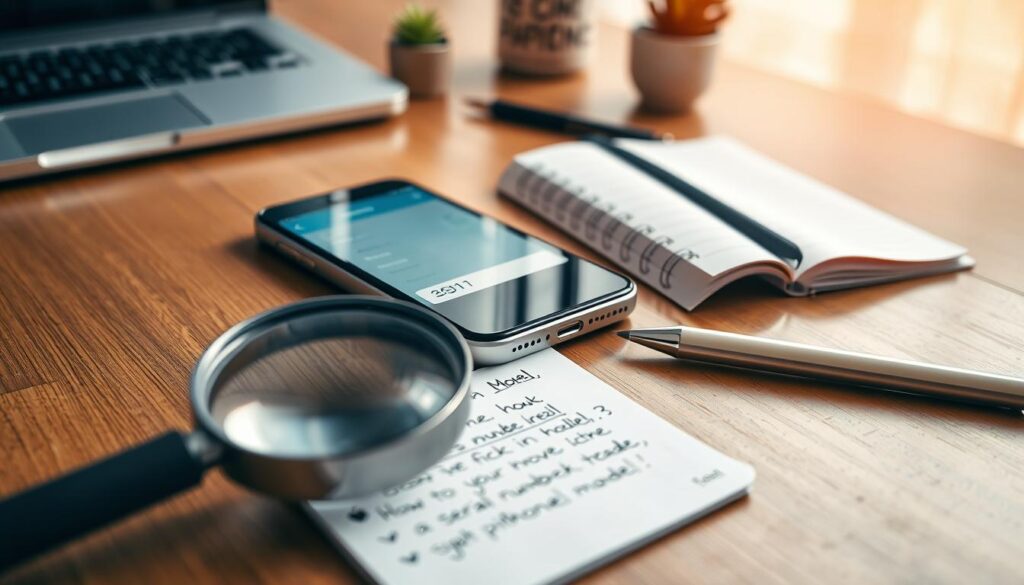 A close-up view of an iPhone lying on a wooden desk, surrounded by tools and notes for identifying its model using the serial number. The iPhone's screen displays a settings page, clearly showing the serial number section. In the foreground, there's a magnifying glass positioned over the serial number for emphasis. The middle ground features an open notebook with handwritten notes on how to check the model, and a pen next to it. The background has softly blurred elements like a laptop and a small plant, creating a cozy workspace atmosphere. The lighting is warm and inviting, mimicking natural light from a nearby window, enhancing the focus on the iPhone and associated items. The image captures a professional and educational mood, perfect for informative content.