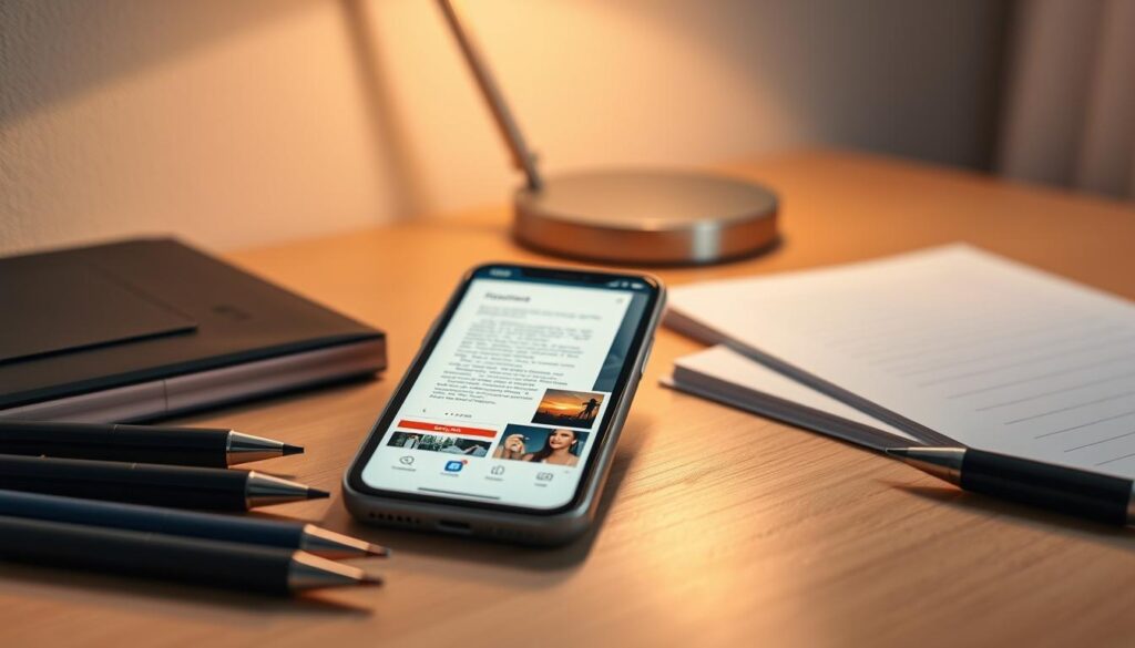 A close-up view of an iPhone on a neatly organized desk, showcasing the document scanning feature in action. The screen displays a scanned document alongside a few digital photo thumbnails. In the foreground, there are a few scattered office supplies like pens and a notebook. In the middle, the iPhone is prominently positioned, with a soft glow emanating from the screen, reflecting the vibrant colors of the scanned content. In the background, a stylish desk lamp casts warm light, creating a cozy atmosphere. The overall mood is productive and focused, illustrating a seamless digital organization of scans. The image is shot from a slightly elevated angle for depth, and all elements are arranged harmoniously without any text or distractions.