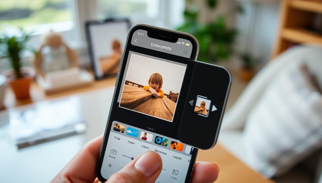 A close-up view of an iPhone screen showcasing the native photo editing tools, featuring a collage of two images seamlessly blended together. In the foreground, focus on the iPhone held in a hand with perfectly manicured fingers, illustrating the precision and ease of editing. The middle ground highlights the vibrant interface of the built-in editing options, including cropping, filters, and layering functionalities with vibrant thumbnail previews. In the background, a softly blurred cozy home environment, hinting at a productive workspace with natural light filtering in through a window, adds warmth to the scene. The overall atmosphere feels inviting and encouraging, emphasizing simplicity and creativity in using iPhone's native tools for photo editing. A close-up view of an iPhone screen showcasing the native photo editing tools, featuring a collage of two images seamlessly blended together. In the foreground, focus on the iPhone held in a hand with perfectly manicured fingers, illustrating the precision and ease of editing. The middle ground highlights the vibrant interface of the built-in editing options, including cropping, filters, and layering functionalities with vibrant thumbnail previews. In the background, a softly blurred cozy home environment, hinting at a productive workspace with natural light filtering in through a window, adds warmth to the scene. The overall atmosphere feels inviting and encouraging, emphasizing simplicity and creativity in using iPhone's native tools for photo editing.