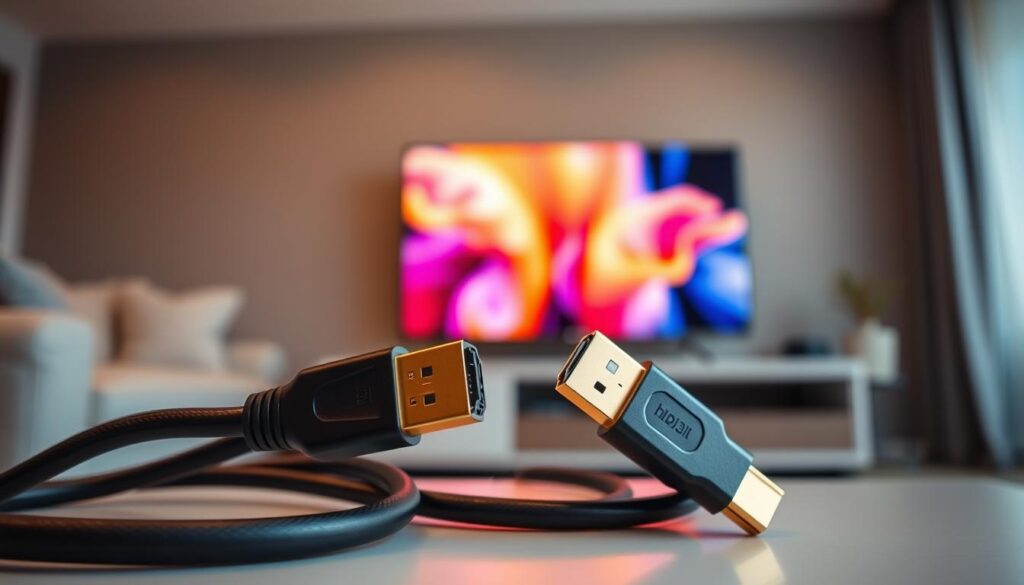 A close-up view of high-definition HDMI cables elegantly arranged on a sleek, modern TV stand, showcasing their gold-plated connectors glistening under soft, warm lighting. In the foreground, the cables are slightly coiled, emphasizing their flexibility. The middle ground features a stylish flat-screen television displaying a vivid, colorful screen, illustrating the concept of screen mirroring. In the background, a cozy living room setting is subtly blurred, with ambient light creating a comfortable atmosphere. The scene conveys a sense of modern technology and connectivity, highlighting the importance of HDMI cables in sharing screens seamlessly. The angle is slightly tilted downwards, capturing both the cables and the TV in a dynamic composition, evoking a user-friendly, inviting vibe. A close-up view of high-definition HDMI cables elegantly arranged on a sleek, modern TV stand, showcasing their gold-plated connectors glistening under soft, warm lighting. In the foreground, the cables are slightly coiled, emphasizing their flexibility. The middle ground features a stylish flat-screen television displaying a vivid, colorful screen, illustrating the concept of screen mirroring. In the background, a cozy living room setting is subtly blurred, with ambient light creating a comfortable atmosphere. The scene conveys a sense of modern technology and connectivity, highlighting the importance of HDMI cables in sharing screens seamlessly. The angle is slightly tilted downwards, capturing both the cables and the TV in a dynamic composition, evoking a user-friendly, inviting vibe.