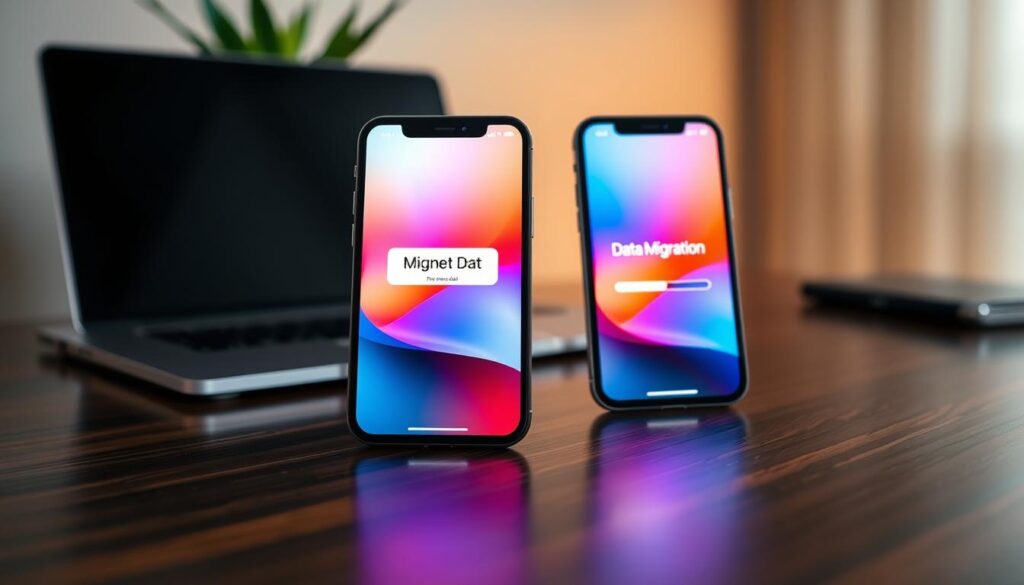 A close-up view of two modern iPhones side by side on a sleek, wooden desk, showcasing the data transfer process between them. One phone displays a vibrant interface showing the "Data Migration" screen, while the other has a progress bar indicating ongoing transfer, illuminated by soft, warm lighting that creates a professional yet inviting atmosphere. In the background, blurred elements include a laptop and a potted plant, adding depth to the scene without distraction. The overall mood is dynamic and focused, emphasizing the ease and efficiency of moving data. Ensure the devices are centered, captured from an eye-level angle with a shallow depth of field, highlighting the screens and their functionality expertly. A close-up view of two modern iPhones side by side on a sleek, wooden desk, showcasing the data transfer process between them. One phone displays a vibrant interface showing the "Data Migration" screen, while the other has a progress bar indicating ongoing transfer, illuminated by soft, warm lighting that creates a professional yet inviting atmosphere. In the background, blurred elements include a laptop and a potted plant, adding depth to the scene without distraction. The overall mood is dynamic and focused, emphasizing the ease and efficiency of moving data. Ensure the devices are centered, captured from an eye-level angle with a shallow depth of field, highlighting the screens and their functionality expertly.