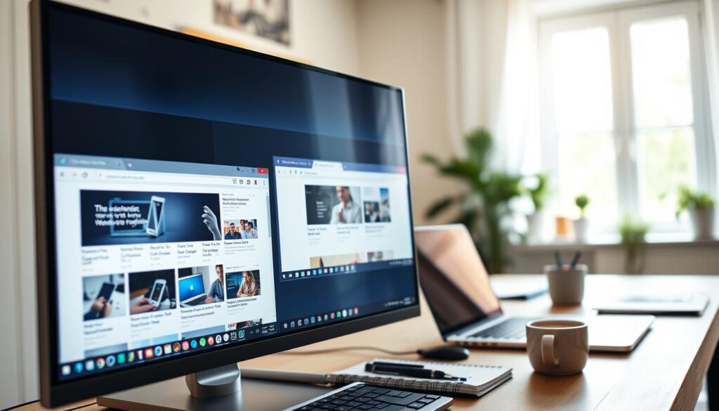A computer screen displaying multiple web browser windows open side by side, showcasing a variety of screenshots capturing different sections of a website. The foreground features a clear view of the browser interfaces, emphasizing the 'screenshot' tool, with an elegant mouse cursor highlighting a capture button. The middle ground includes a softly blurred desk with a sleek laptop, a notebook, and a cup of coffee, creating a professional atmosphere. The background showcases a home office setting with a window letting in natural light, illuminating the workspace. The overall lighting is bright and inviting, suggesting productivity. The mood is focused and tech-savvy, perfect for illustrating the process of taking screenshots in web browsers. A computer screen displaying multiple web browser windows open side by side, showcasing a variety of screenshots capturing different sections of a website. The foreground features a clear view of the browser interfaces, emphasizing the 'screenshot' tool, with an elegant mouse cursor highlighting a capture button. The middle ground includes a softly blurred desk with a sleek laptop, a notebook, and a cup of coffee, creating a professional atmosphere. The background showcases a home office setting with a window letting in natural light, illuminating the workspace. The overall lighting is bright and inviting, suggesting productivity. The mood is focused and tech-savvy, perfect for illustrating the process of taking screenshots in web browsers.