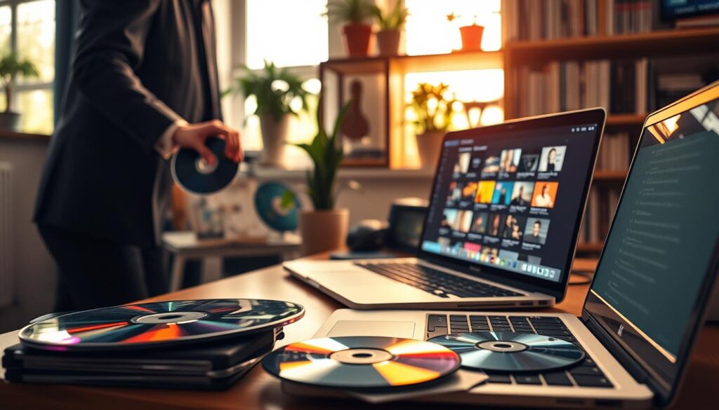 A cozy home office scene, showcasing a modern computer setup with a person in professional attire carefully transferring music from a CD to a laptop. In the foreground, a CD case is opened, revealing colorful album art, while a couple of shiny CDs are neatly stacked beside it. The middle ground features the computer screen displaying a music library interface, lit with a soft glow. A window in the background lets in warm, natural light, illuminating potted plants and bookshelves filled with music-related literature. The atmosphere is inviting and focused, reflecting the importance of digitalizing music storage. The image conveys a sense of nostalgia blended with modern technology, highlighting the significance of preserving music collections.