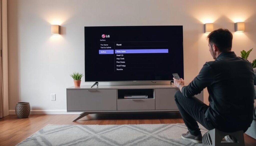 A cozy living room featuring a modern LG television prominently displayed on a sleek media console. In the foreground, a person dressed in casual attire is kneeling beside the TV, holding a remote control, appearing focused and engaged in the reset process. The middle ground showcases the television screen, displaying a settings menu with clear options. The background reveals soft-lit ambiance provided by warm wall lamps, adding a serene atmosphere. Subtle details include a potted plant and a stylish rug on the wooden floor, conveying a sense of homeliness. The overall mood is calm and technical, highlighting the simple yet important task of resetting the television to factory settings. A cozy living room featuring a modern LG television prominently displayed on a sleek media console. In the foreground, a person dressed in casual attire is kneeling beside the TV, holding a remote control, appearing focused and engaged in the reset process. The middle ground showcases the television screen, displaying a settings menu with clear options. The background reveals soft-lit ambiance provided by warm wall lamps, adding a serene atmosphere. Subtle details include a potted plant and a stylish rug on the wooden floor, conveying a sense of homeliness. The overall mood is calm and technical, highlighting the simple yet important task of resetting the television to factory settings.
