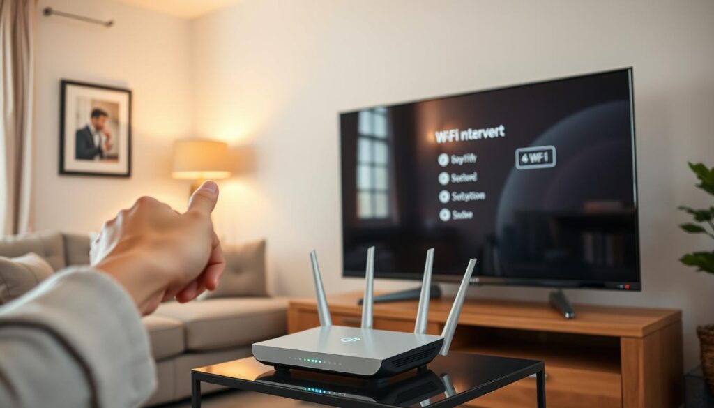 A cozy living room featuring a modern flat-screen television setup, focusing on the process of connecting to the internet. In the foreground, a hand reaching towards the TV screen to select a Wi-Fi network, fingers poised over the touch screen interface. In the middle ground, a sleek Wi-Fi router with blinking LED lights sits on a stylish side table. The background showcases a comfortable couch, framed artwork, and a warm ambient light from a nearby window, creating an inviting atmosphere. The scene is captured with soft, natural lighting to emphasize a homey vibe, using a gentle focus on the hand and television while keeping the background slightly blurred, enhancing depth. A cozy living room featuring a modern flat-screen television setup, focusing on the process of connecting to the internet. In the foreground, a hand reaching towards the TV screen to select a Wi-Fi network, fingers poised over the touch screen interface. In the middle ground, a sleek Wi-Fi router with blinking LED lights sits on a stylish side table. The background showcases a comfortable couch, framed artwork, and a warm ambient light from a nearby window, creating an inviting atmosphere. The scene is captured with soft, natural lighting to emphasize a homey vibe, using a gentle focus on the hand and television while keeping the background slightly blurred, enhancing depth.
