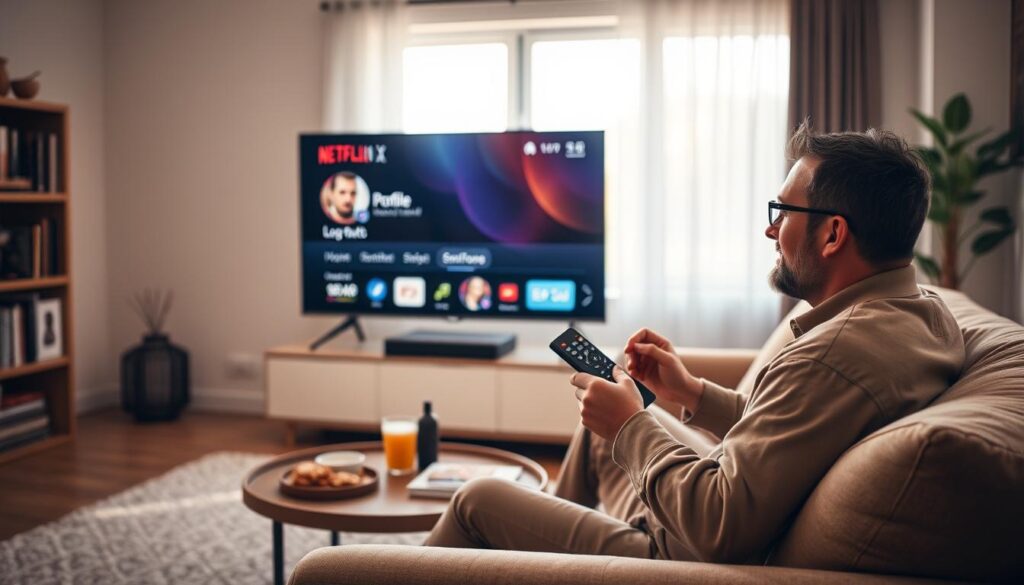 A cozy living room scene featuring a modern flat-screen TV displaying the Netflix interface, with a focus on the profile selection screen. In the foreground, a person, dressed in comfortable yet modest casual attire, is sitting on a plush sofa, holding a remote control with a thoughtful expression. The middle ground shows a coffee table with snacks and a warm drink. In the background, soft natural light filters through a window, casting a gentle glow on the room. The atmosphere is relaxed and inviting, emphasizing the simplicity of the Netflix logout process. The overall composition is warm and engaging, designed to visually assist viewers with tips to log out of Netflix on their TV.