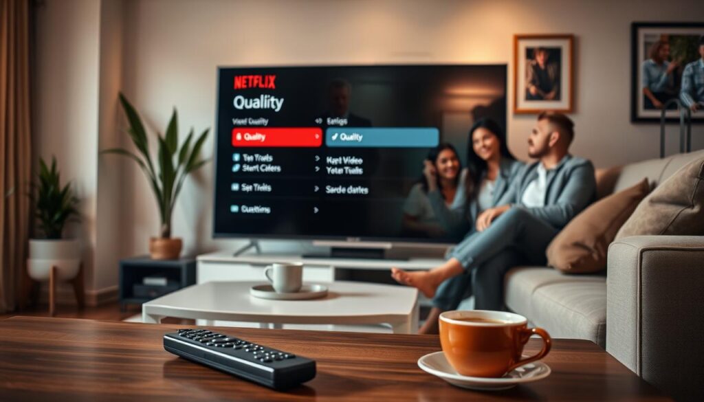 A cozy living room scene featuring a modern flat-screen television displaying the Netflix interface, showcasing different video quality settings. In the foreground, a remote control lies casually on a stylish coffee table, with a warm cup of coffee nearby. The middle ground has a family sitting comfortably on a plush sofa, dressed in relaxed yet professional attire, intently discussing the quality options on the TV. The background displays a well-lit room with soft lighting, highlighting decorative elements such as potted plants and framed artwork. The atmosphere is inviting and tech-savvy, depicting a family-friendly environment where viewers are engaged in adjusting their Netflix settings for optimal viewing experience. The angle captures the interaction between the family and the TV screen.