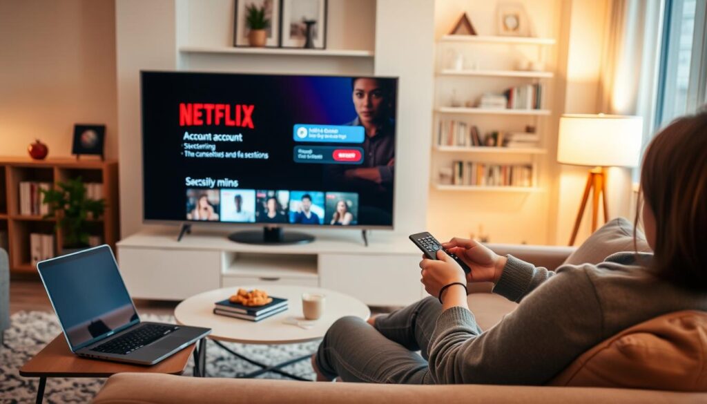 A cozy living room setting featuring a modern flat-screen TV displaying the Netflix interface. In the foreground, a person in casual clothing is seated on a comfortable sofa, holding a remote control and thoughtfully navigating the Netflix account cancellation menu. The middle ground showcases a stylish coffee table with a few snacks and a laptop open, reflecting a sense of leisure while managing subscriptions. Soft, warm lighting from a nearby lamp creates a relaxed atmosphere, enhancing the homey feel. The background has shelves filled with books and decorative items, creating a lived-in ambiance. The composition is captured at eye level, focusing on the interaction between the person and the TV, evoking a mood of decision-making and clarity.
