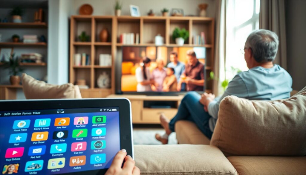 A cozy living room setting where a tablet is connected to a large flat-screen TV, showcasing vibrant content from streaming services. In the foreground, the tablet displays a colorful interface with icons for videos, games, and apps, while a comfortable couch adorned with plush cushions is nearby. The middle ground features the TV, perhaps streaming a lively movie scene or a family video, with soft ambient lighting enhancing the warmth of the room. In the background, shelves filled with books and decorative plants add to the inviting atmosphere. The image captures a relaxed family scene, with two adults in modest casual clothing enjoying their time together, reflecting the benefits of connecting a tablet to a TV for entertainment and sharing experiences. Bright, natural lighting filters in through a window, creating an engaging and lively mood.