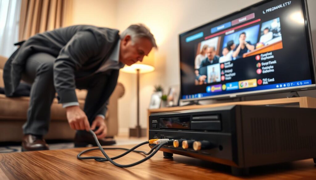 A cozy living room setting where an old DVD player is being connected to a modern flat-screen TV. In the foreground, a middle-aged person in smart casual clothing is bending down to plug in cables, attentively focused on the connection process. The middle section showcases the DVD player with visible audio and video cables neatly organized. In the background, the TV displays a vibrant menu screen, highlighting the compatibility between old and new technology. Soft, warm lighting creates a welcoming atmosphere, while a few family pictures and a small plant add a personal touch to the scene. The camera angle is slightly tilted to emphasize the action, capturing the essence of connecting traditional media with modern devices. A cozy living room setting where an old DVD player is being connected to a modern flat-screen TV. In the foreground, a middle-aged person in smart casual clothing is bending down to plug in cables, attentively focused on the connection process. The middle section showcases the DVD player with visible audio and video cables neatly organized. In the background, the TV displays a vibrant menu screen, highlighting the compatibility between old and new technology. Soft, warm lighting creates a welcoming atmosphere, while a few family pictures and a small plant add a personal touch to the scene. The camera angle is slightly tilted to emphasize the action, capturing the essence of connecting traditional media with modern devices.