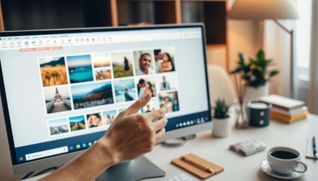 A cozy workspace featuring a computer screen displaying an open photo collage software interface. In the foreground, a hand with well-manicured nails navigates through images on the screen, selectively dragging and dropping pictures into a pleasing arrangement. The middle ground shows colorful photos of landscapes, family gatherings, and artistic shots, effectively demonstrating the collage-making process. The background is a softly lit room with a stylish desk adorned with stationery, a potted plant, and a cup of coffee, exuding a warm and inviting atmosphere. The lighting is soft and even, creating a calm and focused mood. Use a slight depth of field to emphasize the screen and the collage in progress while keeping the workstation in a comfortable view. A cozy workspace featuring a computer screen displaying an open photo collage software interface. In the foreground, a hand with well-manicured nails navigates through images on the screen, selectively dragging and dropping pictures into a pleasing arrangement. The middle ground shows colorful photos of landscapes, family gatherings, and artistic shots, effectively demonstrating the collage-making process. The background is a softly lit room with a stylish desk adorned with stationery, a potted plant, and a cup of coffee, exuding a warm and inviting atmosphere. The lighting is soft and even, creating a calm and focused mood. Use a slight depth of field to emphasize the screen and the collage in progress while keeping the workstation in a comfortable view.