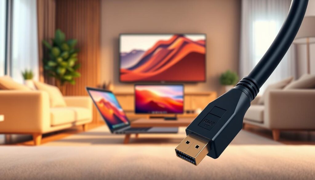 A detailed and realistic illustration of an HDMI cable in a modern living room setting. In the foreground, a high-quality, black HDMI cable is prominently displayed, showcasing its connectors glinting under soft, warm lighting. In the middle ground, a sleek laptop with its screen open displays a vibrant desktop, while a large flat-screen TV stands in the background, showing a matching image of the laptop screen. The atmosphere is cozy and inviting, with warm wooden tones and plush furniture surrounding the scene. A side table adorned with a few gadgets and an indoor plant adds a touch of homeliness. The perspective focuses on the interaction of the HDMI cable connecting the laptop to the TV, emphasizing the concept of merging technology and leisure.