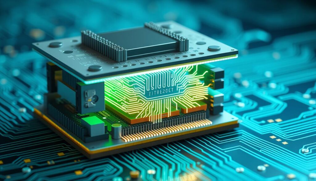 A detailed cross-section illustration of a modern computer processor, showcasing its intricate architecture. In the foreground, highlight various layers of the processor with distinct elements like silicon wafers, transistors, and heat sinks. The middle layer features the circuit pathways, depicted in an illuminated, vibrant blue and green color palette, emphasizing their complexity. The background incorporates a digital circuit board design to provide context. Use soft, ambient lighting to create a futuristic atmosphere, with a focus on clarity and precision in the details. The angle should be slightly tilted to enhance depth, providing a dynamic perspective of the processor's structure, in high resolution to capture the minute details effectively.