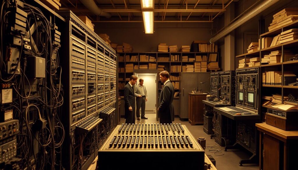 A detailed depiction of the first computer, ENIAC, set in a historical computing laboratory from the 1940s. In the foreground, the massive machine is shown, with its intricate network of vacuum tubes, wires, and panels, glowing softly under warm lighting. The middle ground features engineers in professional attire, focused on operating the computer, showcasing their concentrated expressions. In the background, vintage shelves filled with old computing manuals and tools can be seen, accentuating the ambiance of early computer science. The overall atmosphere is one of innovation and curiosity, captured in a slightly sepia-toned filter to evoke a sense of nostalgia and historical significance. The angle is slightly elevated, providing a comprehensive view of ENIAC's structure while emphasizing its monumental size.