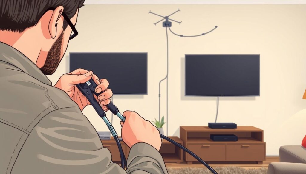 A detailed illustration depicting the process of connecting two televisions to a single antenna. In the foreground, a close-up view shows a professional technician in modest casual clothing, carefully using tools to connect splitters and cables. In the middle ground, two modern flat-screen televisions are mounted on a wall, displaying a crystal-clear image. The background features a cozy living room setting with soft lighting that creates a warm and inviting atmosphere. The focus is on the technical setup, with neatly arranged cables and a visible antenna on the wall. The angle of the shot should be slightly elevated to capture both the technician's actions and the televisions effectively, conveying a sense of expertise and clarity in the process. A detailed illustration depicting the process of connecting two televisions to a single antenna. In the foreground, a close-up view shows a professional technician in modest casual clothing, carefully using tools to connect splitters and cables. In the middle ground, two modern flat-screen televisions are mounted on a wall, displaying a crystal-clear image. The background features a cozy living room setting with soft lighting that creates a warm and inviting atmosphere. The focus is on the technical setup, with neatly arranged cables and a visible antenna on the wall. The angle of the shot should be slightly elevated to capture both the technician's actions and the televisions effectively, conveying a sense of expertise and clarity in the process.