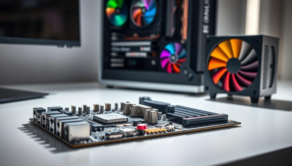 A detailed illustration of essential computer components arranged on a sleek, minimalistic desk. In the foreground, prominently display a gleaming motherboard with visible ports and slots, surrounded by a CPU, RAM sticks, and a power supply unit. In the middle ground, include a graphics card and cooling fans, showcasing their intricate designs and colors. The background features a soft-focus computer case partially open, revealing the interior structure. Use bright, natural lighting to emphasize the metallic textures and vibrant colors of the components. Capture the scene from a slightly elevated angle to provide depth, conveying a mood of excitement and innovation in technology. No text or logos included.