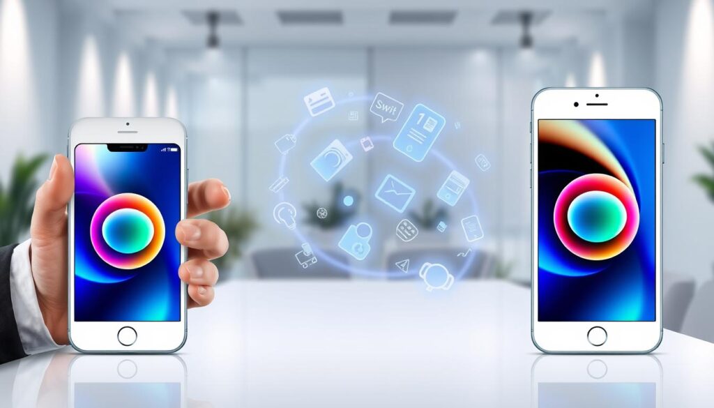 A detailed illustration showcasing the process of transferring data from one iPhone to another using the Quick Start method. In the foreground, two modern iPhones face each other, displaying vibrant screens showing the data transfer interface. One phone is held by a person dressed in professional business attire, conveying a sense of technology and efficiency. In the middle ground, there are abstract representations of data, such as glowing icons of documents, photos, and apps, swirling in a dynamic flow between the phones. The background features a soft, modern office environment with subtle lighting that highlights the devices, creating an atmosphere of innovation and ease. Use a slightly blurred depth of field to keep the focus on the iPhones while maintaining a clean and professional look. A detailed illustration showcasing the process of transferring data from one iPhone to another using the Quick Start method. In the foreground, two modern iPhones face each other, displaying vibrant screens showing the data transfer interface. One phone is held by a person dressed in professional business attire, conveying a sense of technology and efficiency. In the middle ground, there are abstract representations of data, such as glowing icons of documents, photos, and apps, swirling in a dynamic flow between the phones. The background features a soft, modern office environment with subtle lighting that highlights the devices, creating an atmosphere of innovation and ease. Use a slightly blurred depth of field to keep the focus on the iPhones while maintaining a clean and professional look.