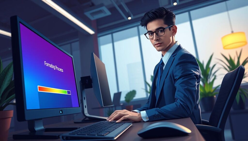 A detailed illustration showing the stages of computer formatting. In the foreground, display a desktop setup with a computer screen showing the "formatting process" progress bar in vibrant colors. Include a keyboard and mouse, inviting the viewer into the scene. In the middle ground, depict a young professional in smart business attire, closely monitoring the process, showcasing focus and determination. For the background, use a modern office setting with dim lighting, green plant accents, and a soft glow from the computer screen, creating a concentrated atmosphere. The camera angle should be slightly tilted, emphasizing the computer display while keeping the professional in frame, evoking a sense of urgency and importance in the formatting process. A detailed illustration showing the stages of computer formatting. In the foreground, display a desktop setup with a computer screen showing the "formatting process" progress bar in vibrant colors. Include a keyboard and mouse, inviting the viewer into the scene. In the middle ground, depict a young professional in smart business attire, closely monitoring the process, showcasing focus and determination. For the background, use a modern office setting with dim lighting, green plant accents, and a soft glow from the computer screen, creating a concentrated atmosphere. The camera angle should be slightly tilted, emphasizing the computer display while keeping the professional in frame, evoking a sense of urgency and importance in the formatting process.