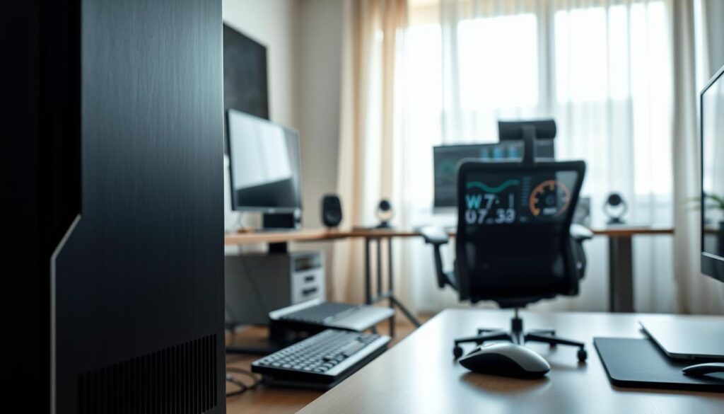 A detailed image depicting a modern desktop computer setup in a well-lit home office environment, focusing on the computer itself. In the foreground, showcase an elegant, high-performance desktop PC with visible power consumption metrics, like a small digital monitor displaying wattage. The middle ground includes an organized desk with an ergonomic chair, a wireless keyboard, and a mouse. In the background, soft natural lighting filters through a window adorned with light curtains, casting gentle shadows. The atmosphere is calm and professional, reflecting a blend of technology and productivity. Emphasize clarity of details like the computer's sleek design and the neatness of the workspace without any text or branding present.