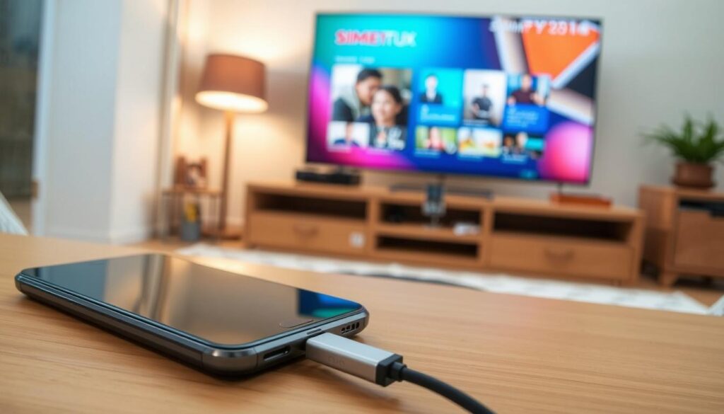 A detailed scene illustrating the technology of SlimPort connections to a television. In the foreground, a sleek, modern smartphone is connected via a SlimPort adapter to a large flat-screen TV. The adapter and cables are prominently displayed, showcasing their design and function. In the middle ground, the TV screen displays a vibrant image, such as a video streaming platform or colorful graphics, emphasizing the connection. The background contains a cozy living room setting with soft lighting, and warm tones, creating a welcoming atmosphere. The scene captures a sense of innovation and convenience, implying that using SlimPort is both straightforward and efficient. The angle is slightly elevated to capture the devices and the TV screen clearly, with natural light illuminating the setup.