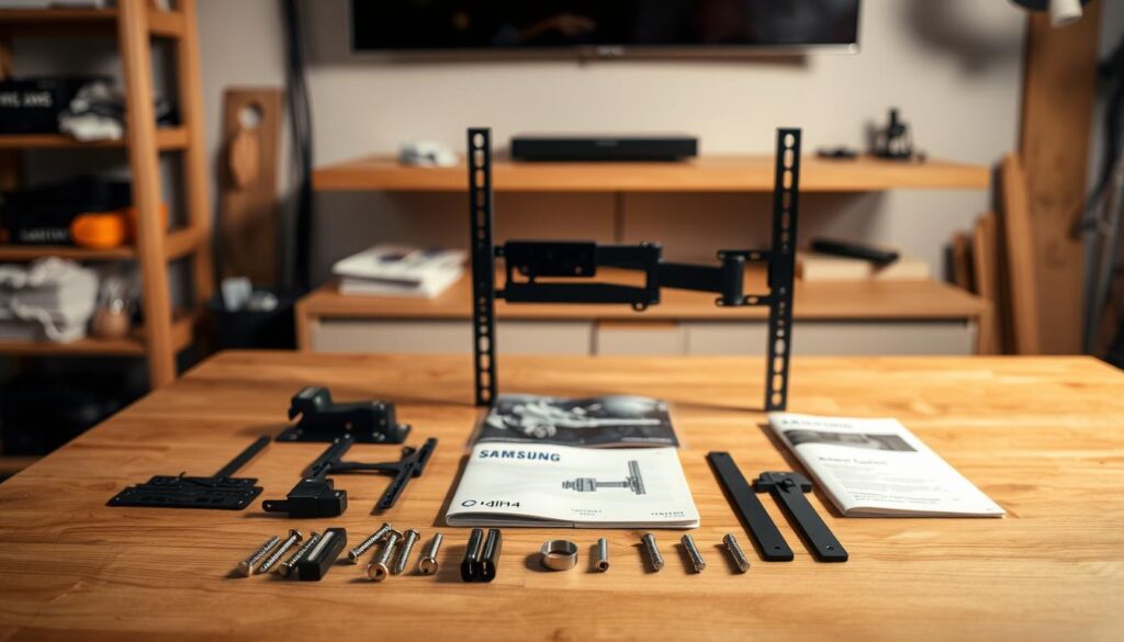 A detailed view of a Samsung TV mounting kit, showcasing the various components laid out neatly on a wooden workbench. In the foreground, focus on individual pieces like screws, brackets, and a user manual, illuminated by soft, diffused lighting that highlights their textures and materials. The middle ground should feature a partially assembled stand, emphasizing compatibility with Samsung TVs. In the background, subtly include a sleek Samsung television mounted on the wall, creating a cohesive atmosphere. The setting is a well-lit, organized home workshop, conveying a sense of professionalism and readiness for installation. Use a slightly elevated angle to give a comprehensive perspective on the kit, ensuring clarity and focus on the items.