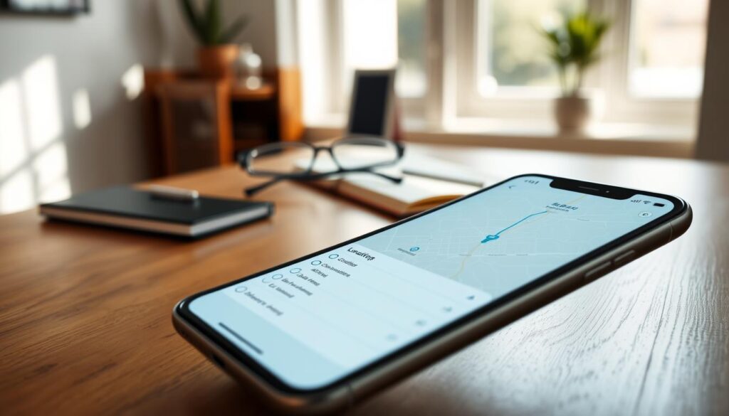A detailed view of an iPhone displaying the location settings interface, set prominently in the foreground. The screen showcases a clear map with location coordinates and options highlighted in a vibrant blue. In the middle ground, an elegant wooden table holds a few essential accessories like glasses and a notebook, giving a sophisticated touch to the scene. The background features a softly blurred, bright workspace with natural light pouring in through a nearby window, casting gentle shadows. The overall atmosphere is inviting and tech-savvy, suggesting a user-friendly exploration of mobile technology. The image should focus on clean lines and modern aesthetics, without any human presence, ensuring clarity and professionalism. A detailed view of an iPhone displaying the location settings interface, set prominently in the foreground. The screen showcases a clear map with location coordinates and options highlighted in a vibrant blue. In the middle ground, an elegant wooden table holds a few essential accessories like glasses and a notebook, giving a sophisticated touch to the scene. The background features a softly blurred, bright workspace with natural light pouring in through a nearby window, casting gentle shadows. The overall atmosphere is inviting and tech-savvy, suggesting a user-friendly exploration of mobile technology. The image should focus on clean lines and modern aesthetics, without any human presence, ensuring clarity and professionalism.