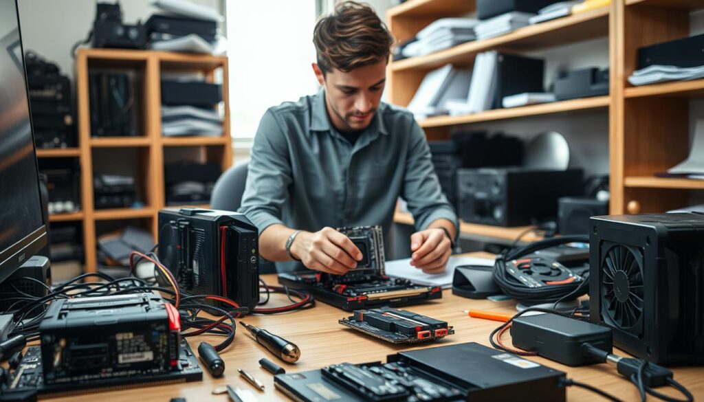 A detailed workspace setup showing the process of assembling a computer. In the foreground, a well-organized desk cluttered with essential components such as a motherboard, CPU, RAM sticks, graphics card, and power supply. Tools like a screwdriver and anti-static wrist strap are visible. In the middle, a person wearing a modest casual outfit, focused on carefully installing the CPU onto the motherboard, with a look of concentration. The background features shelves lined with computer parts and manuals, softly blurred to maintain focus on the assembly process. Natural light streams in from a window, illuminating the scene, creating a warm, inviting atmosphere that conveys a sense of learning and hands-on engagement.