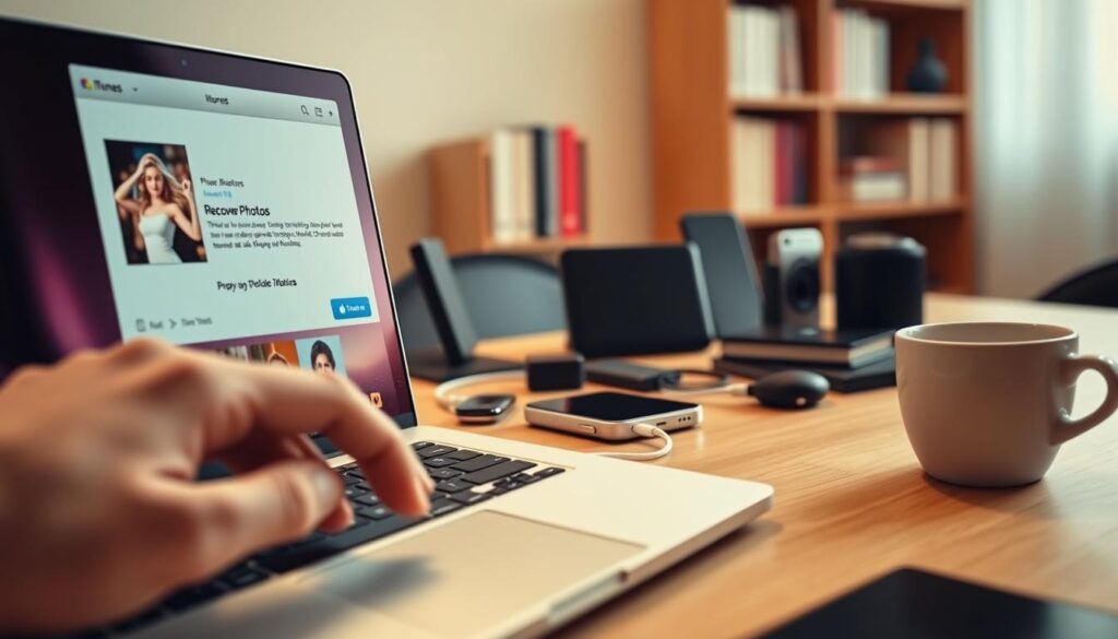 A digital workspace scene focusing on a MacBook displaying the iTunes interface, highlighting the photo recovery process. In the foreground, a hand gently navigates the iTunes window, showcasing the "Recover Photos" button prominently. The middle section features a neatly organized desk with an iPhone connected via a USB cable, surrounded by various tech gadgets and a cup of coffee. In the background, a soft-focus bookshelf hints at a tech-savvy environment. The lighting is warm and inviting, creating a calm atmosphere conducive to problem-solving. The view is at an angle that captures both the screen and the items on the desk, emphasizing the theme of data recovery. The overall mood is professional and focused, ideal for illustrating effective methods of photo recovery.