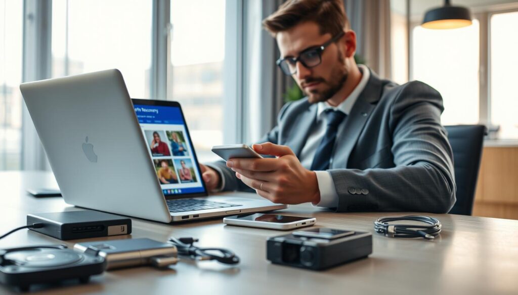 A focused scene depicting a person seated at a sleek, modern desk, using a laptop that displays a vibrant interface of photo recovery software. The individual, dressed in professional business attire, is intently examining their iPhone placed beside the laptop. Surrounding them are neatly arranged tools, such as a hard drive and cables, symbolizing the process of recovering lost photos. The background features a soft-lit, contemporary office environment, with natural light streaming in through a window, creating an inviting and hopeful atmosphere. The mood is determined yet calm, highlighting the importance of reclaiming cherished memories. The angle captures both the subject and the devices, emphasizing the blend of technology and human effort in photo recovery. A focused scene depicting a person seated at a sleek, modern desk, using a laptop that displays a vibrant interface of photo recovery software. The individual, dressed in professional business attire, is intently examining their iPhone placed beside the laptop. Surrounding them are neatly arranged tools, such as a hard drive and cables, symbolizing the process of recovering lost photos. The background features a soft-lit, contemporary office environment, with natural light streaming in through a window, creating an inviting and hopeful atmosphere. The mood is determined yet calm, highlighting the importance of reclaiming cherished memories. The angle captures both the subject and the devices, emphasizing the blend of technology and human effort in photo recovery.