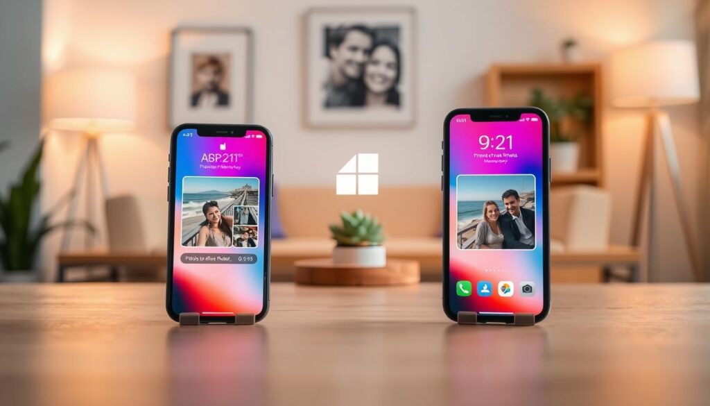 A focused scene illustrating the process of transferring photos via AirDrop between two iPhones. In the foreground, show two modern iPhones with vibrant screens displaying image previews, and an AirDrop symbol glowing between them. In the middle ground, place a stylish, well-lit desk with a soft wooden finish and a subtle decorative plant, evoking a cozy yet professional atmosphere. The background should feature a softly blurred room with warm lighting, suggesting a comfortable workspace. Use a slight bokeh effect to enhance the subject's clarity. The overall mood should feel tech-friendly and inviting, celebrating the simplicity of sharing memories effortlessly. Lighting should be bright yet soft, to avoid harsh shadows, creating a warm and welcoming look. A focused scene illustrating the process of transferring photos via AirDrop between two iPhones. In the foreground, show two modern iPhones with vibrant screens displaying image previews, and an AirDrop symbol glowing between them. In the middle ground, place a stylish, well-lit desk with a soft wooden finish and a subtle decorative plant, evoking a cozy yet professional atmosphere. The background should feature a softly blurred room with warm lighting, suggesting a comfortable workspace. Use a slight bokeh effect to enhance the subject's clarity. The overall mood should feel tech-friendly and inviting, celebrating the simplicity of sharing memories effortlessly. Lighting should be bright yet soft, to avoid harsh shadows, creating a warm and welcoming look.
