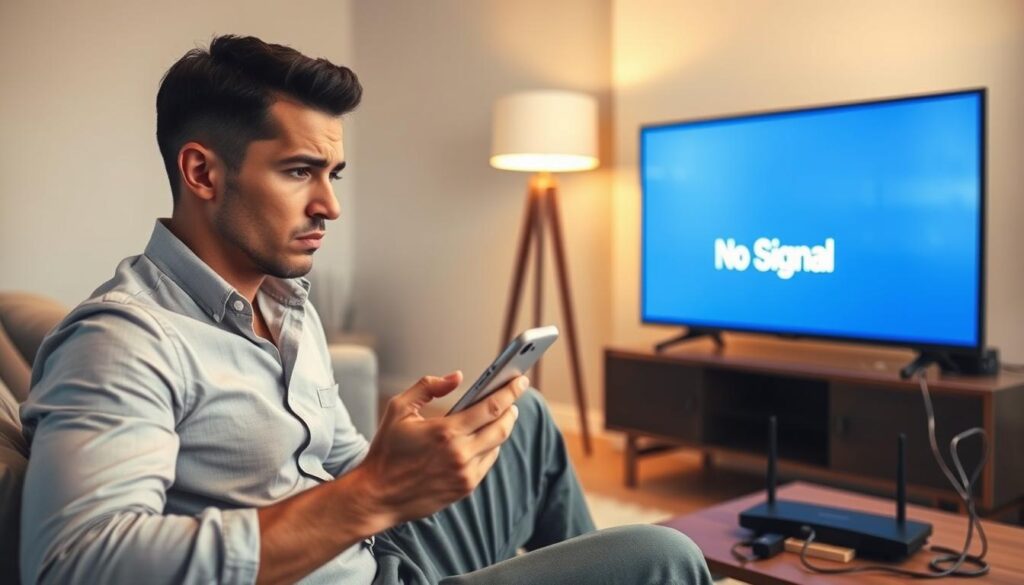 A frustrated person in a modern living room setting, sitting on a stylish couch with a smartphone in hand, looking confused at a blank television screen in front of them. In the foreground, the individual is dressed in casual yet professional attire, with a slight frown indicating connection issues. The middle ground features the television, displaying a "No Signal" message, while various wires and a Wi-Fi router can be seen on a nearby table, hinting at potential technical problems. The background includes soft, warm lighting from a floor lamp, creating a cozy yet slightly tense atmosphere. The scene is captured from a slight angle, emphasizing the interaction between the person and their devices, conveying a sense of urgency and need for troubleshooting solutions. A frustrated person in a modern living room setting, sitting on a stylish couch with a smartphone in hand, looking confused at a blank television screen in front of them. In the foreground, the individual is dressed in casual yet professional attire, with a slight frown indicating connection issues. The middle ground features the television, displaying a "No Signal" message, while various wires and a Wi-Fi router can be seen on a nearby table, hinting at potential technical problems. The background includes soft, warm lighting from a floor lamp, creating a cozy yet slightly tense atmosphere. The scene is captured from a slight angle, emphasizing the interaction between the person and their devices, conveying a sense of urgency and need for troubleshooting solutions.