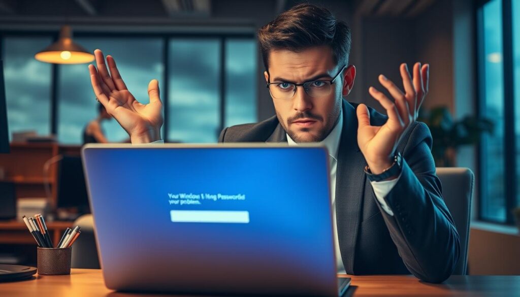 A frustrated professional sitting at a desk in a modern office, looking at a laptop screen displaying a Windows 10 login page with an error message about password problems. The foreground features the individual, in professional business attire, with a furrowed brow and hands raised in confusion. In the middle of the scene, the glowing screen emits a cool blue light, contrasting with warm ambient lighting of the office. In the background, there's a cluttered desk with office supplies and a window showing a cloudy sky, adding to the atmosphere of stress and urgency. The mood is tense yet focused, capturing the challenges of dealing with a locked computer.