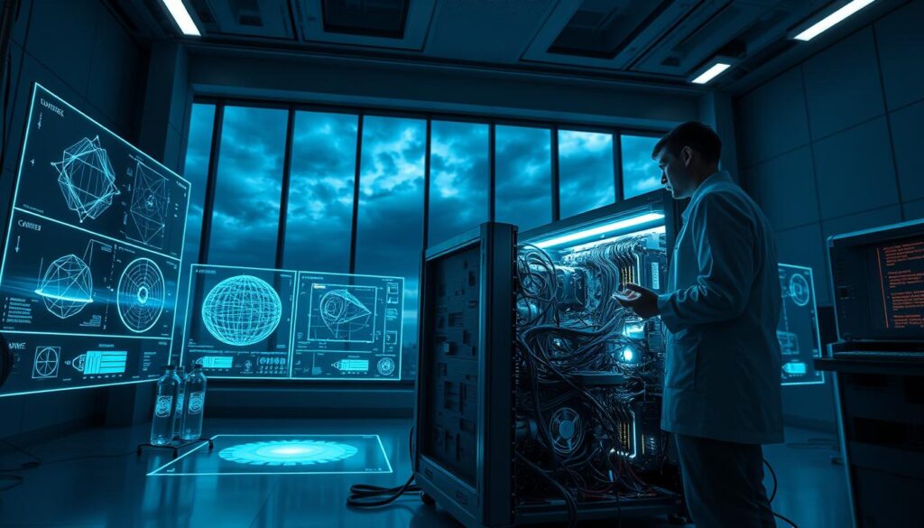 A futuristic lab setting showcasing the limitations and challenges of quantum technology. In the foreground, a researcher in professional attire is examining a complex quantum computer, a sleek device filled with glowing components and intricate wires. The middle ground includes holographic displays, illustrating quantum entanglement and computational models, some flickering as if experiencing interference. In the background, a large window reveals a dark, stormy sky, creating a somber mood, symbolizing the unpredictability of technology. The room is dimly lit with a moody blue hue, highlighting the intricate details of the computer and equipment. The perspective is slightly low-angle, emphasizing the height and complexity of the quantum computer as a centerpiece of innovation and its inherent challenges. A futuristic lab setting showcasing the limitations and challenges of quantum technology. In the foreground, a researcher in professional attire is examining a complex quantum computer, a sleek device filled with glowing components and intricate wires. The middle ground includes holographic displays, illustrating quantum entanglement and computational models, some flickering as if experiencing interference. In the background, a large window reveals a dark, stormy sky, creating a somber mood, symbolizing the unpredictability of technology. The room is dimly lit with a moody blue hue, highlighting the intricate details of the computer and equipment. The perspective is slightly low-angle, emphasizing the height and complexity of the quantum computer as a centerpiece of innovation and its inherent challenges.