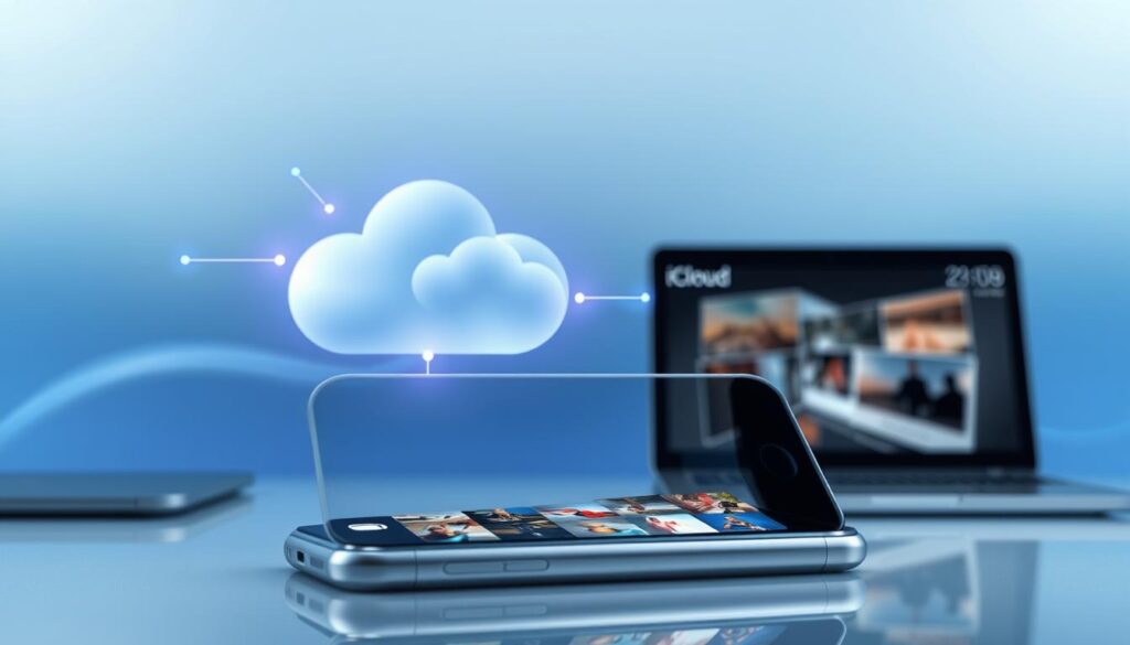 A high-tech digital scene illustrating the concept of transferring photos via iCloud. In the foreground, a modern smartphone with an open iCloud interface displaying thumbnails of vibrant images. The middle layer features an abstract cloud graphic symbolizing iCloud, with glowing circuits and data streams connecting it to the phone, emphasizing an active transfer. The background should be a soft gradient of blue and white, evoking a serene digital atmosphere, with faint outlines of other devices like a laptop and an iPad. The lighting is bright and clean, mimicking a high-tech environment, with reflections on the smartphone screen enhancing the sleekness. The mood is efficient and futuristic, capturing the ease of transferring images seamlessly within a digital ecosystem. A high-tech digital scene illustrating the concept of transferring photos via iCloud. In the foreground, a modern smartphone with an open iCloud interface displaying thumbnails of vibrant images. The middle layer features an abstract cloud graphic symbolizing iCloud, with glowing circuits and data streams connecting it to the phone, emphasizing an active transfer. The background should be a soft gradient of blue and white, evoking a serene digital atmosphere, with faint outlines of other devices like a laptop and an iPad. The lighting is bright and clean, mimicking a high-tech environment, with reflections on the smartphone screen enhancing the sleekness. The mood is efficient and futuristic, capturing the ease of transferring images seamlessly within a digital ecosystem.