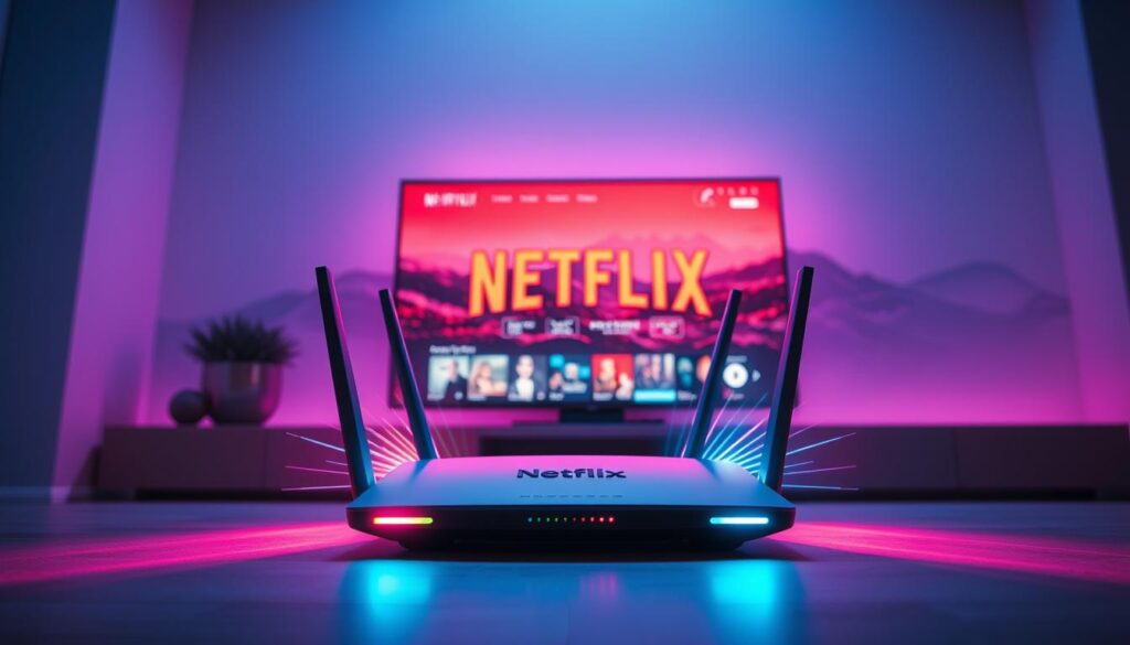 A high-tech scene depicting an abstract representation of internet speed for streaming Netflix. In the foreground, a sleek, modern Wi-Fi router emits glowing signals, illustrated as colorful waves radiating outward. In the middle, a large flat-screen TV displays a vibrant Netflix interface, featuring dynamic visuals of movies and shows. The background features a digital landscape with binary code and circuit patterns, symbolizing data flow. Soft, ambient lighting enhances the futuristic atmosphere, with a cool blue and purple color palette adding a sense of technology and modernity. The angle captures the image from a slightly low perspective, emphasizing the router and the TV as focal points, creating a sense of depth.