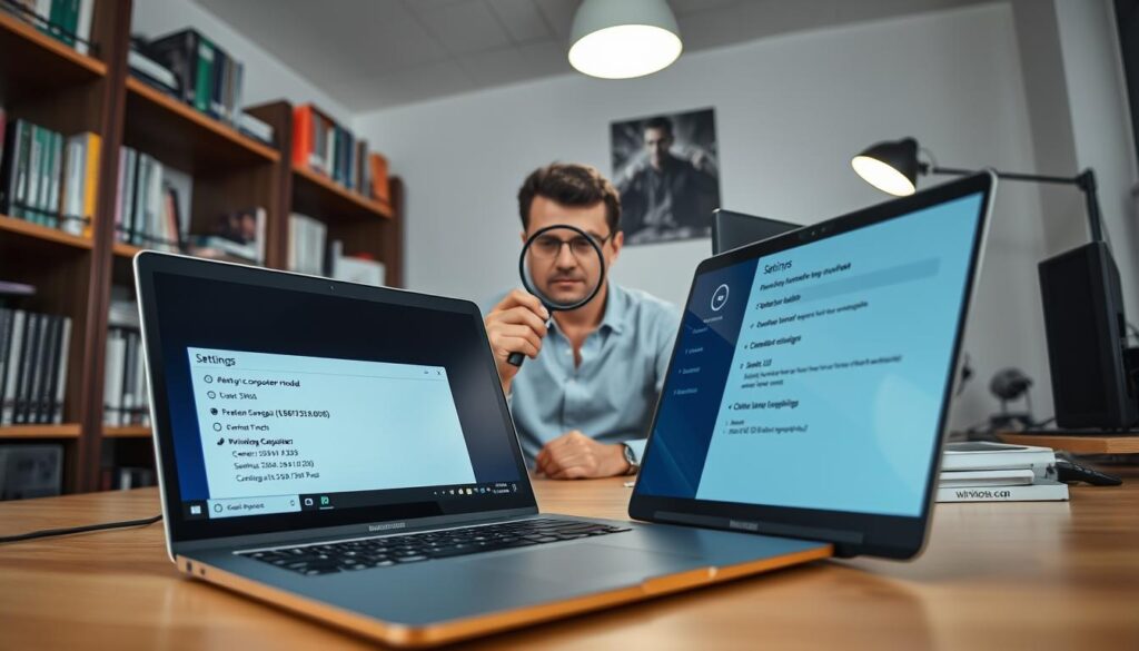 A highly detailed computer workspace scene showcasing various methods of identifying a computer model in Windows. In the foreground, a sleek laptop with a visible screen, displaying the Windows settings window with the "About" section opened, emphasizing system details. In the middle ground, a professional individual dressed in business casual attire, sitting at the desk while examining personal computer specifications, holding a magnifying glass for effect. The background features a well-organized tech environment, including bookshelves filled with tech manuals, a desktop monitor, and a subtle light illuminating the workspace from a soft overhead fixture, creating a focused yet inviting atmosphere. The angle is slightly above eye level to capture both the subject's engagement and the screen's details.