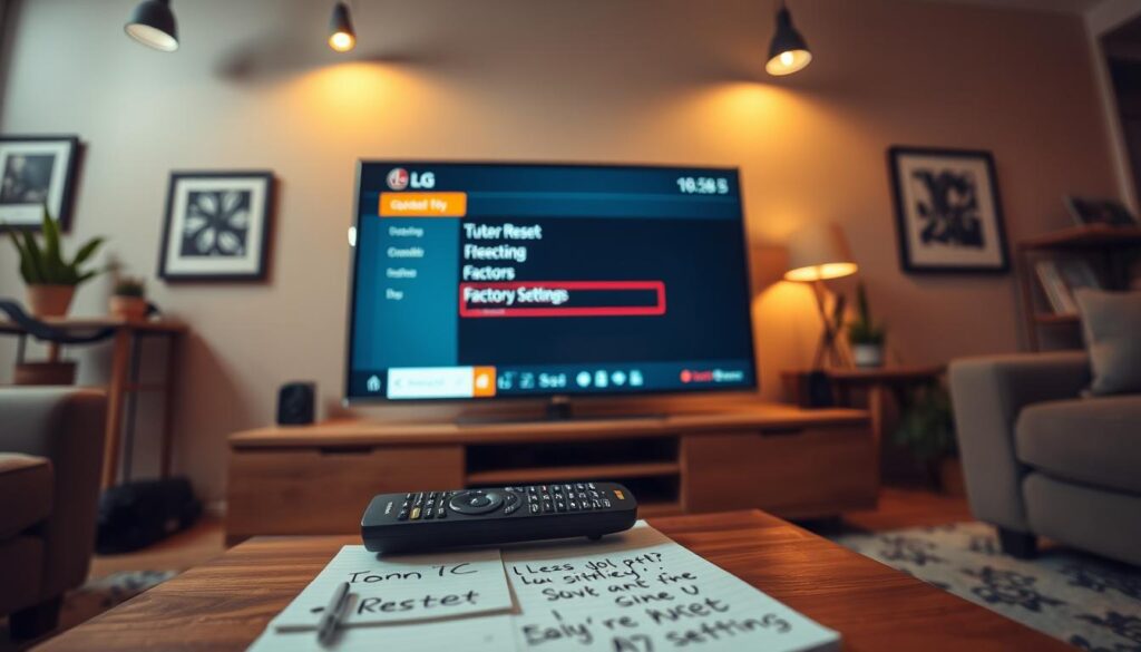 A modern LG television displayed on a sleek wooden stand in a cozy living room setting. The TV screen shows a clear menu interface with options highlighted to indicate factory reset settings. In the foreground, a remote control rests alongside a notepad with handwritten notes for easy reference. The room is warmly lit with soft overhead lights, casting gentle shadows that create an inviting atmosphere. In the background, tasteful decor such as framed pictures and indoor plants complements the contemporary furniture. The angle captures the scene from slightly above, focusing on the television and remote while ensuring the environment feels homely and comfortable, evoking a sense of practicality and ease in performing the task of resetting the device. A modern LG television displayed on a sleek wooden stand in a cozy living room setting. The TV screen shows a clear menu interface with options highlighted to indicate factory reset settings. In the foreground, a remote control rests alongside a notepad with handwritten notes for easy reference. The room is warmly lit with soft overhead lights, casting gentle shadows that create an inviting atmosphere. In the background, tasteful decor such as framed pictures and indoor plants complements the contemporary furniture. The angle captures the scene from slightly above, focusing on the television and remote while ensuring the environment feels homely and comfortable, evoking a sense of practicality and ease in performing the task of resetting the device.