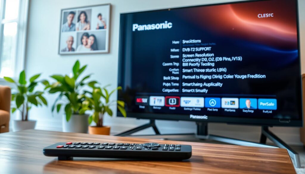 A modern Panasonic television displayed prominently in a well-lit living room setting. The TV screen is turned on, showcasing a detailed menu of specifications, highlighting features like DVB-T2 support, screen resolution, connectivity options, and smart functionalities. In the foreground, a sleek, elegant remote control lies on a stylish wooden coffee table. In the middle, lush indoor plants add a fresh touch beside the television, balancing the décor. The background features softly blurred family photos on the wall, creating a warm, homely atmosphere. Use natural lighting to emphasize the sleek design of the TV and the inviting atmosphere of the room. Capture the scene from a slightly elevated angle to offer a comprehensive view of the setup, projecting modern sophistication and functionality.