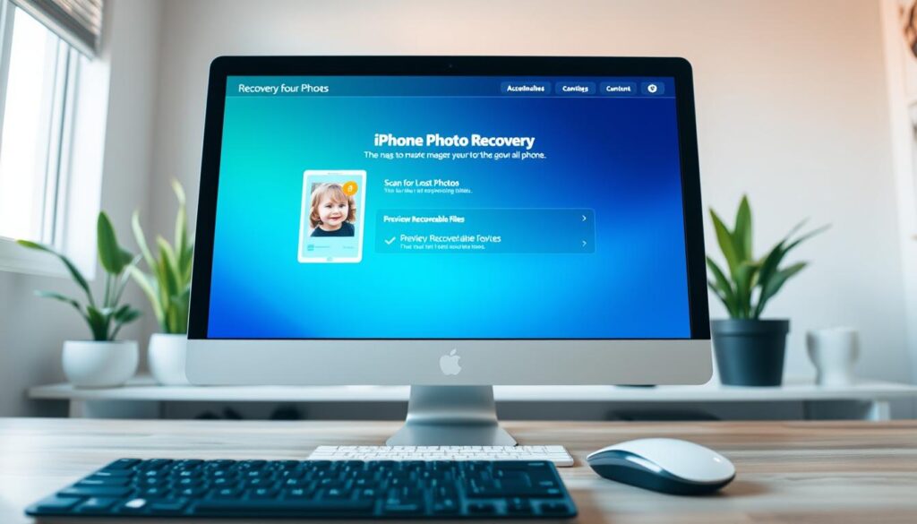 A modern and sleek image of a software interface for recovering photos from an iPhone, prominently displayed on a high-resolution computer screen. In the foreground, the computer keyboard and mouse are slightly blurred, emphasizing the screen's vibrant colors and user-friendly design. The middle ground features the recovery program interface showcasing options like "Scan for Lost Photos" and "Preview Recoverable Files." In the background, a subtly styled workspace with soft, natural lighting gives a calm, productive atmosphere, with plants and minimal decor. The image conveys a sense of security and trust, inviting viewers to explore safe methods to recover important memories from their devices. The perspective is from a slightly elevated angle, capturing the essence of a tech-savvy environment without distractions. A modern and sleek image of a software interface for recovering photos from an iPhone, prominently displayed on a high-resolution computer screen. In the foreground, the computer keyboard and mouse are slightly blurred, emphasizing the screen's vibrant colors and user-friendly design. The middle ground features the recovery program interface showcasing options like "Scan for Lost Photos" and "Preview Recoverable Files." In the background, a subtly styled workspace with soft, natural lighting gives a calm, productive atmosphere, with plants and minimal decor. The image conveys a sense of security and trust, inviting viewers to explore safe methods to recover important memories from their devices. The perspective is from a slightly elevated angle, capturing the essence of a tech-savvy environment without distractions.
