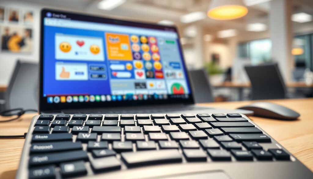 A modern computer keyboard prominently displayed in the foreground, with selected keys highlighted, showcasing various emoticon shortcuts like smiley faces, hearts, and thumbs up. In the middle ground, a soft-focus laptop screen displays a vibrant digital workspace with a cheerful atmosphere, emphasizing the theme of creativity and fun in communication. The background features a lightly blurred office environment, suggesting a professional yet approachable setting. Natural lighting gently illuminates the scene, casting a warm glow and enhancing the inviting mood. The angle is slightly tilted to give a dynamic perspective, focusing on both the keyboard and the emoticons. The overall feel is energizing and user-friendly, perfect for illustrating the functionality of keyboard shortcuts for emoticons. A modern computer keyboard prominently displayed in the foreground, with selected keys highlighted, showcasing various emoticon shortcuts like smiley faces, hearts, and thumbs up. In the middle ground, a soft-focus laptop screen displays a vibrant digital workspace with a cheerful atmosphere, emphasizing the theme of creativity and fun in communication. The background features a lightly blurred office environment, suggesting a professional yet approachable setting. Natural lighting gently illuminates the scene, casting a warm glow and enhancing the inviting mood. The angle is slightly tilted to give a dynamic perspective, focusing on both the keyboard and the emoticons. The overall feel is energizing and user-friendly, perfect for illustrating the functionality of keyboard shortcuts for emoticons.