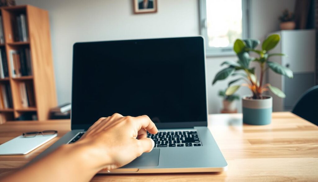 A modern computer setup in a well-lit home office, focusing on a sleek laptop on a wooden desk. In the foreground, a hand is poised over the keyboard, about to press the 'Print Screen' button, with fingers highlighted by warm lighting. The middle section shows a clear screen displaying a digital landscape or an open program, symbolizing the screen capture process. In the background, a soft-focus bookshelf with tech books and a potted plant adds an inviting atmosphere. The mood is professional yet cozy, perfect for showcasing a straightforward tutorial on taking screenshots without extra software. Capture this scene from a slightly elevated angle to emphasize the action and environment. A modern computer setup in a well-lit home office, focusing on a sleek laptop on a wooden desk. In the foreground, a hand is poised over the keyboard, about to press the 'Print Screen' button, with fingers highlighted by warm lighting. The middle section shows a clear screen displaying a digital landscape or an open program, symbolizing the screen capture process. In the background, a soft-focus bookshelf with tech books and a potted plant adds an inviting atmosphere. The mood is professional yet cozy, perfect for showcasing a straightforward tutorial on taking screenshots without extra software. Capture this scene from a slightly elevated angle to emphasize the action and environment.