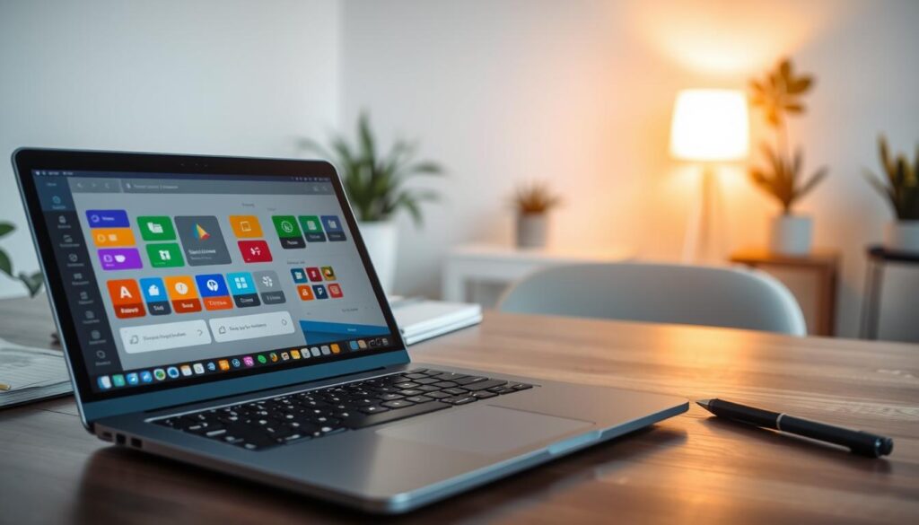 A modern computer setup showcasing a user-friendly program interface for typing Polish characters. In the foreground, a sleek laptop with a high-resolution display shows an open application with colorful icons and a dynamic keyboard overlay that highlights Polish letters like ź, ą, and ł. In the middle, a comfortable desk environment with a minimalist aesthetic, featuring a notepad and a stylish pen. The background includes a softly lit room with potted plants and neutral-toned walls, contributing to a calm and professional atmosphere. The lighting is warm and inviting, creating a sense of productivity and focus. The scene is captured from a slight angle to emphasize the laptop screen and the vibrant user interface while maintaining a tidy and organized appearance.